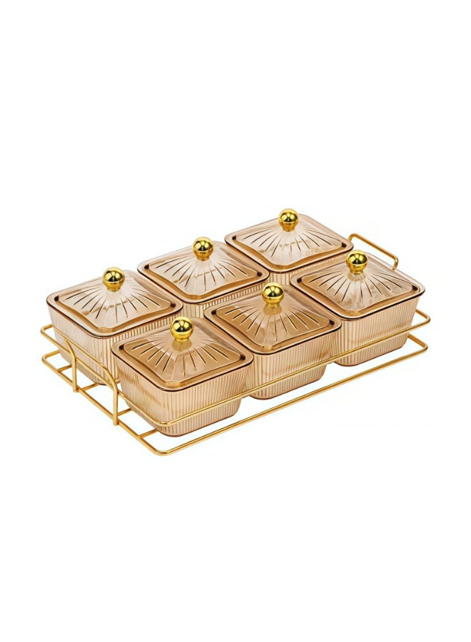 CHIYLE 6 pcs Serving Bowls Set with Gold Metal Rack Tray, Removable Condiment Dishes for Fruit, Dessert, Appetizers, Nuts, Snacks & Candy - Image 1